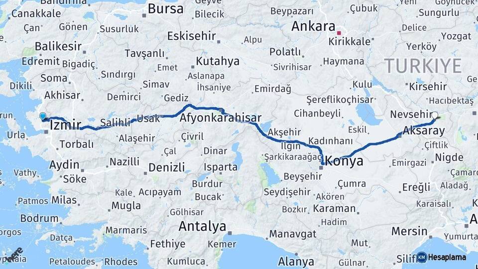 İzmir Menemen Nevşehir Arası Kaç Km - Yol Haritası