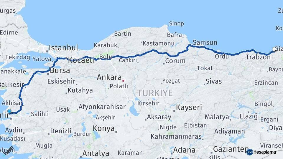 İzmir Menemen Rize Arası Kaç Km - Yol Haritası