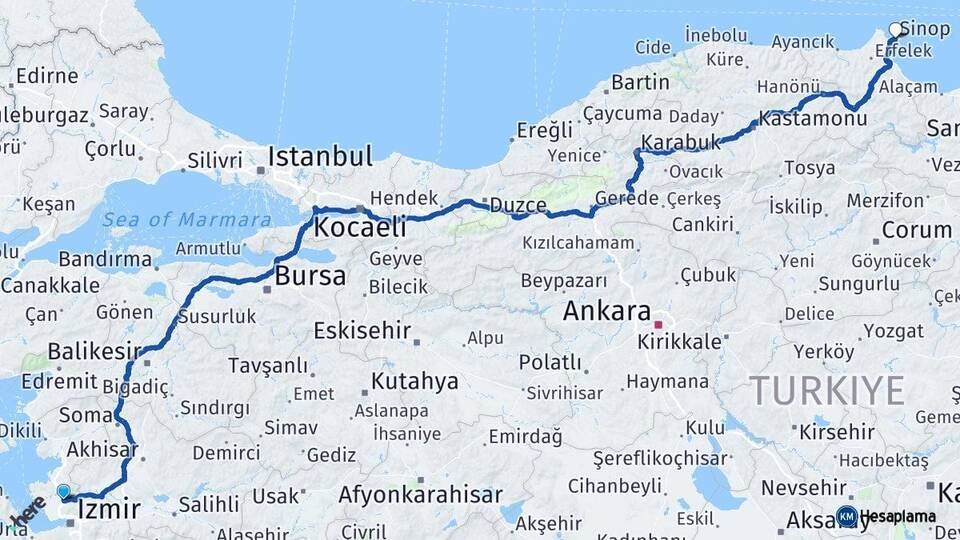 İzmir Menemen Sinop Arası Kaç Km - Yol Haritası