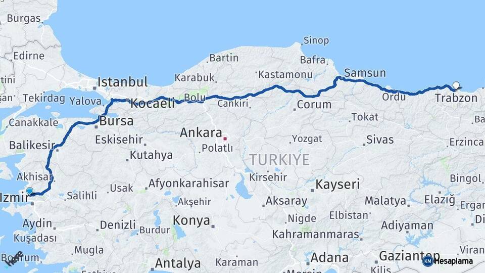 İzmir Menemen Trabzon Arası Kaç Km - Yol Haritası