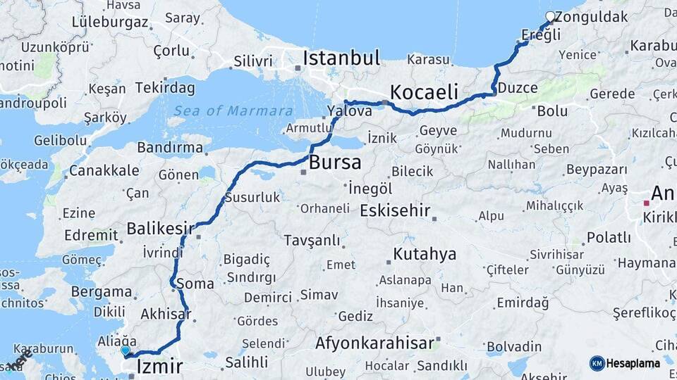İzmir Menemen Zonguldak Arası Kaç Km - Yol Haritası