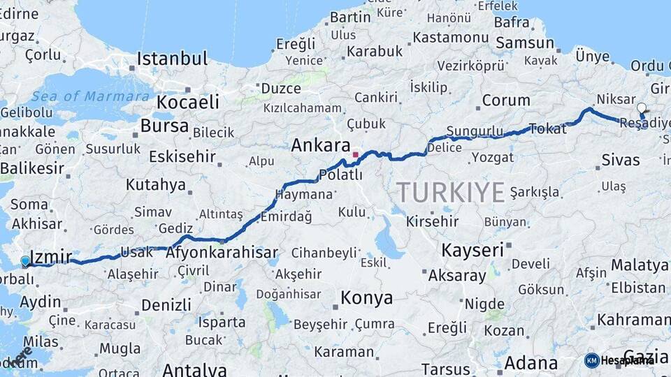 İzmir Mesudiye Ordu Arası Kaç Km - Yol Haritası