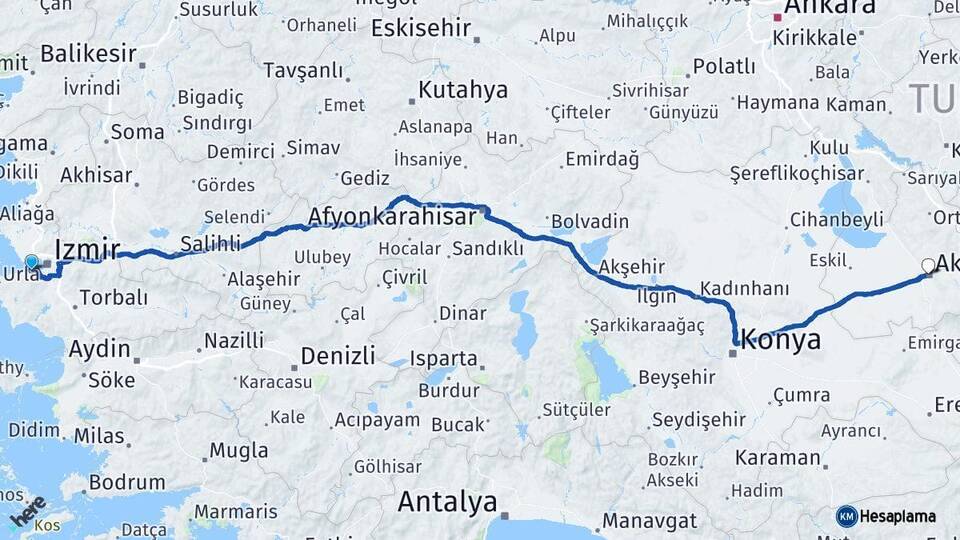 İzmir Narlıdere Aksaray Arası Kaç Km - Yol Haritası