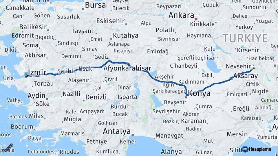 İzmir Nevşehir Arası Kaç Km - Yol Haritası