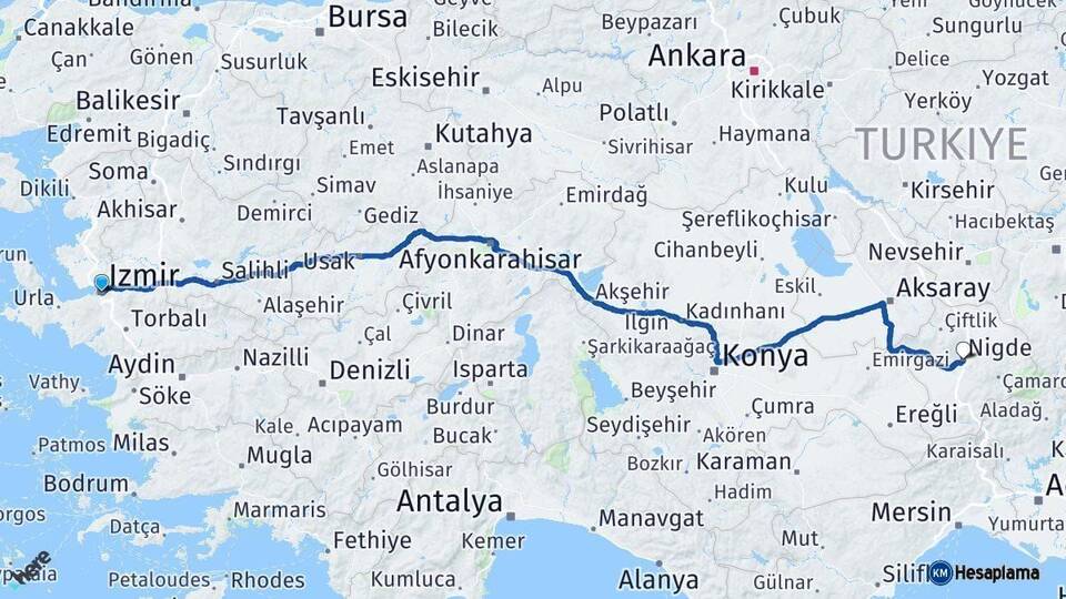 İzmir Niğde Arası Kaç Km - Yol Haritası