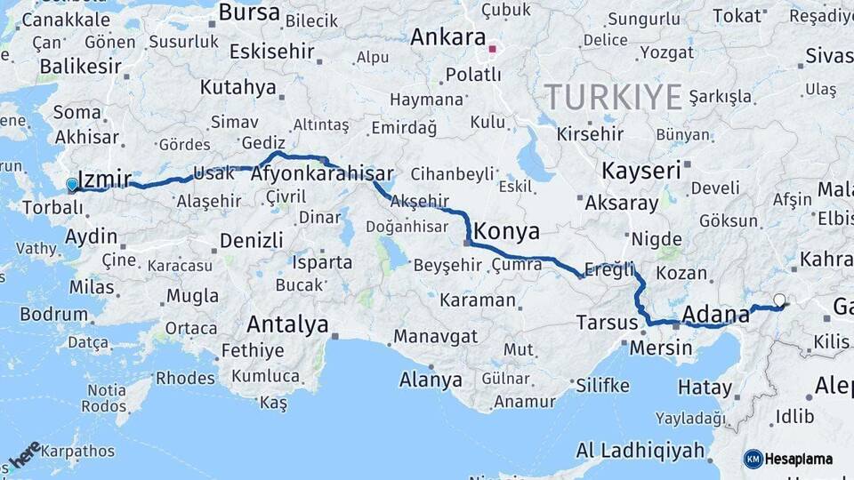 İzmir Nurdağı Gaziantep Arası Kaç Km - Yol Haritası