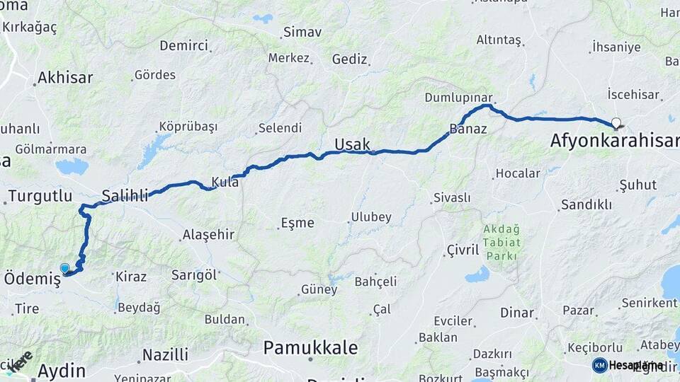 İzmir Ödemiş Afyonkarahisar Arası Kaç Km - Yol Haritası