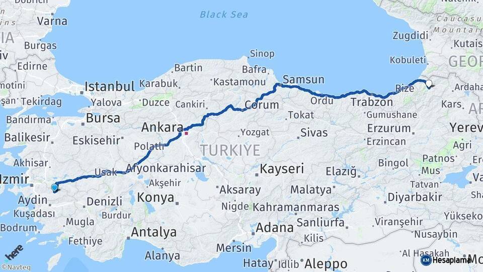 İzmir Ödemiş Artvin Arası Kaç Km - Yol Haritası