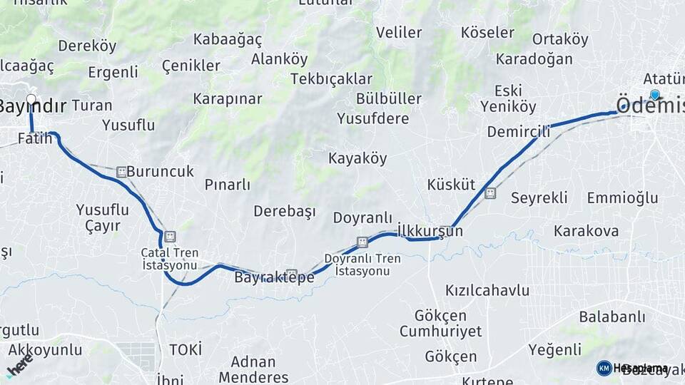 İzmir Ödemiş Bayındır Arası Kaç Km - Yol Haritası