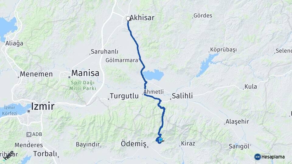 İzmir Ödemiş Birgi Akhisar Manisa Arası Kaç Km - Yol Haritası