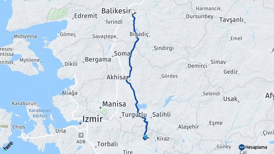 İzmir Ödemiş Birgi Balıkesir Arası Kaç Km - Yol Haritası