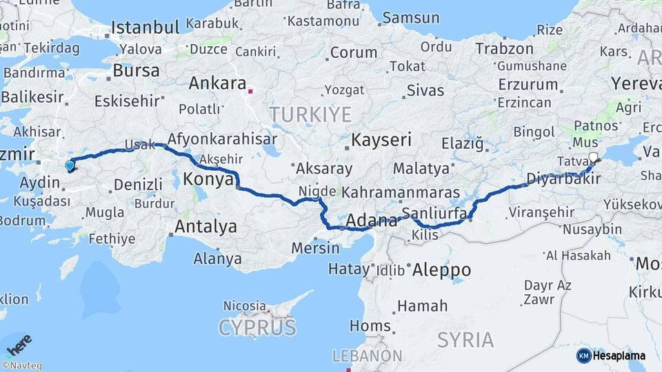 İzmir Ödemiş Bitlis Arası Kaç Km - Yol Haritası