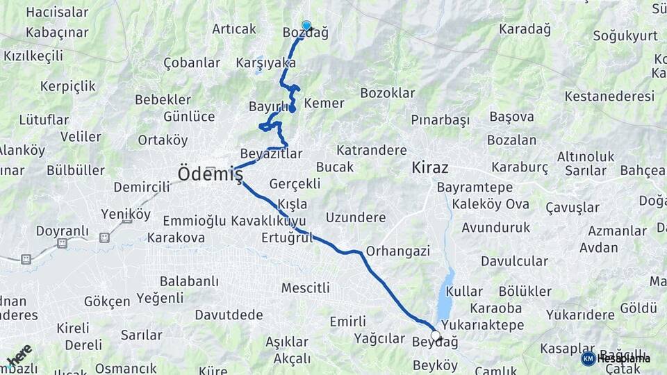 İzmir Ödemiş Bozdağ Beydağ Arası Kaç Km - Yol Haritası