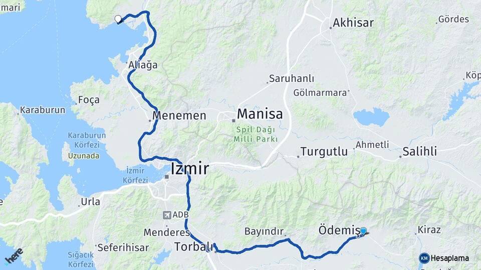 İzmir Ödemiş Çandarlı Dikili Arası Kaç Km - Yol Haritası