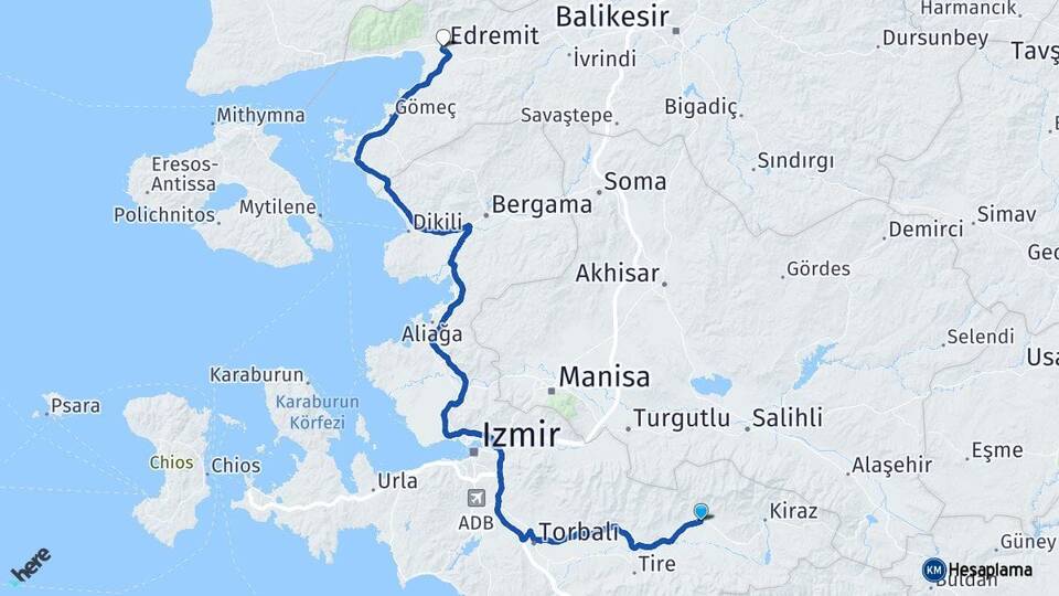 İzmir Ödemiş Edremit Balıkesir Arası Kaç Km - Yol Haritası