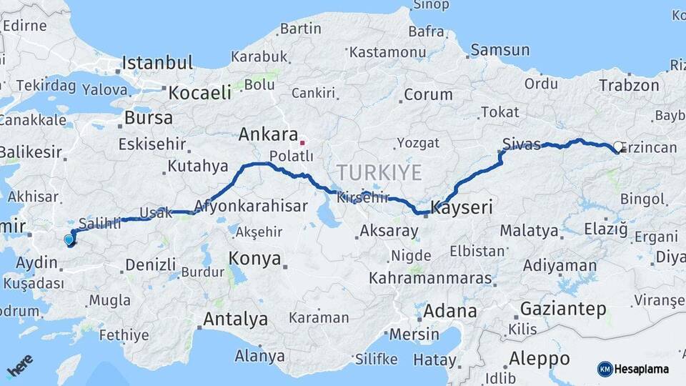 İzmir Ödemiş Erzincan Arası Kaç Km - Yol Haritası