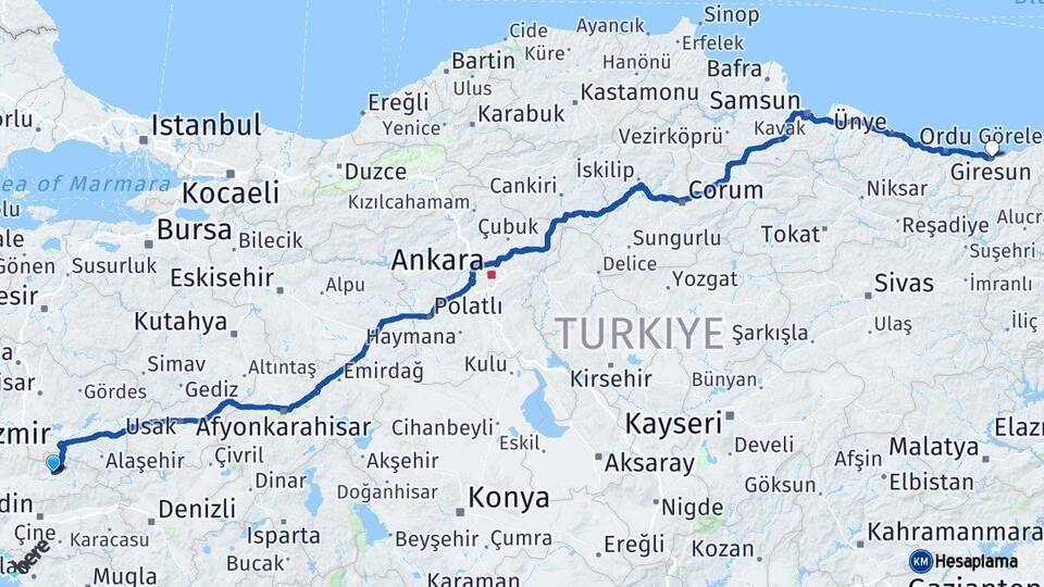 İzmir Ödemiş Giresun Arası Kaç Km - Yol Haritası