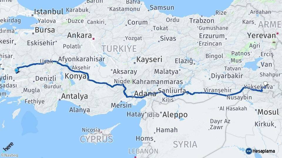 İzmir Ödemiş Hakkari Arası Kaç Km - Yol Haritası