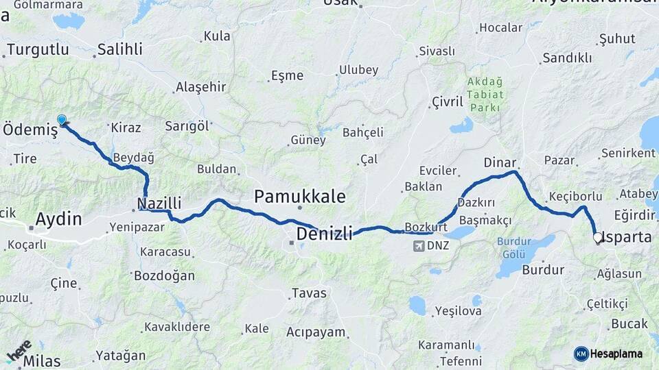 İzmir Ödemiş Isparta Arası Kaç Km - Yol Haritası