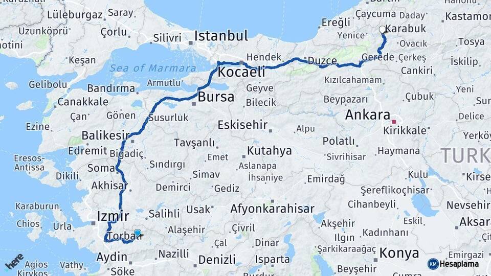 İzmir Ödemiş Karabük Arası Kaç Km - Yol Haritası