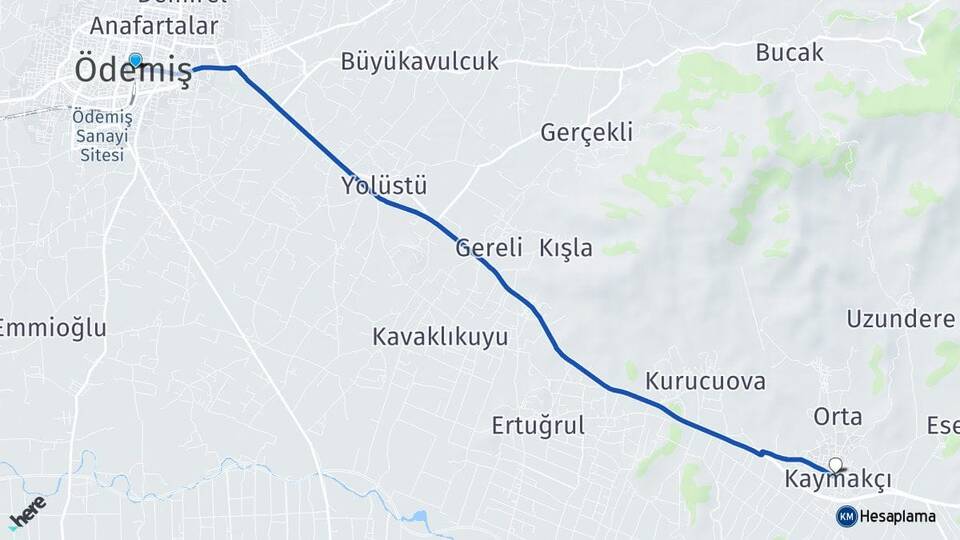 İzmir Ödemiş Kaymakçı Ödemiş Arası Kaç Km - Yol Haritası