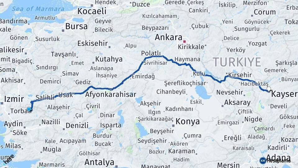 İzmir Ödemiş Kayseri Arası Kaç Km - Yol Haritası
