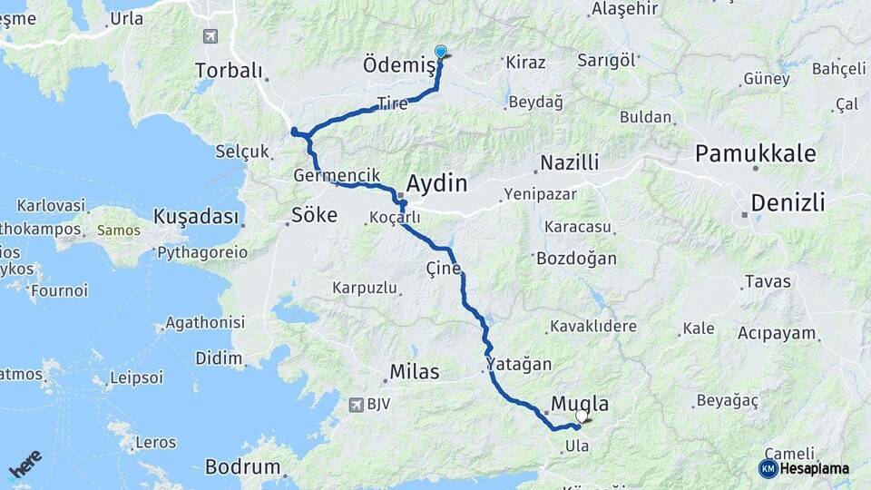 İzmir Ödemiş Muğla Arası Kaç Km - Yol Haritası