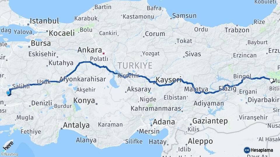 İzmir Ödemiş Muş Arası Kaç Km - Yol Haritası