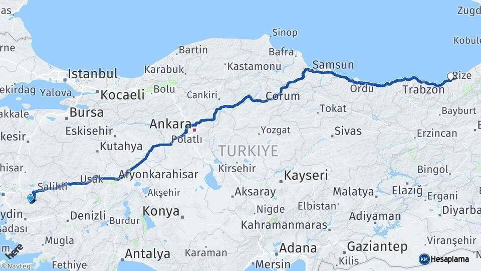 İzmir Ödemiş Rize Arası Kaç Km - Yol Haritası