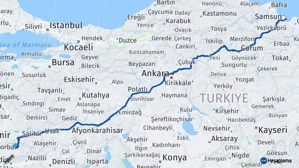 İzmir Ödemiş Samsun Arası Kaç Km - Yol Haritası