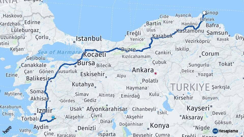 İzmir Ödemiş Sinop Arası Kaç Km - Yol Haritası