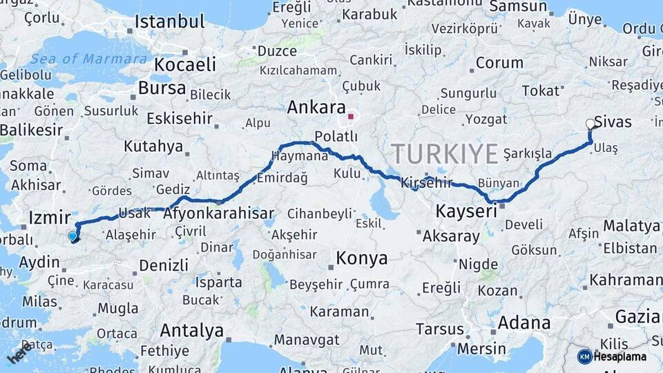 İzmir Ödemiş Sivas Arası Kaç Km - Yol Haritası