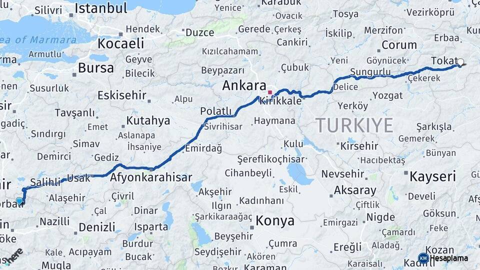 İzmir Ödemiş Tokat Arası Kaç Km - Yol Haritası
