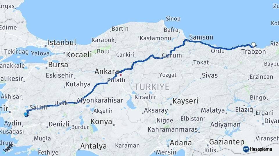 İzmir Ödemiş Trabzon Arası Kaç Km - Yol Haritası