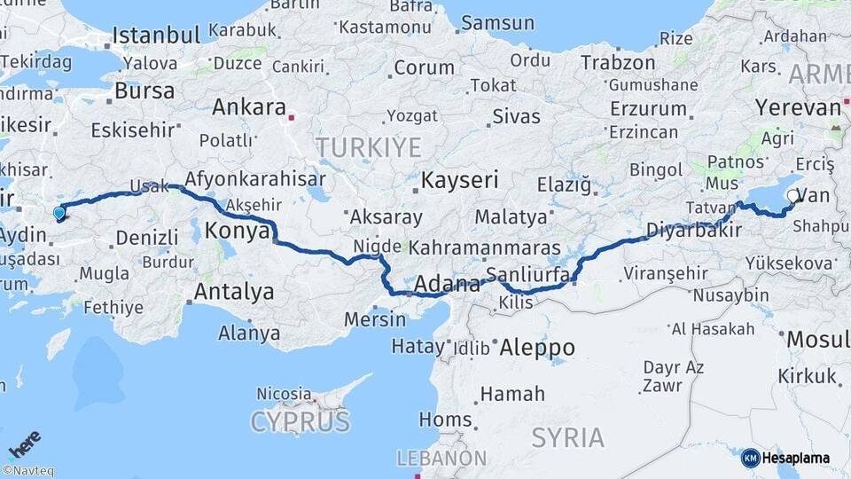 İzmir Ödemiş Van Arası Kaç Km - Yol Haritası