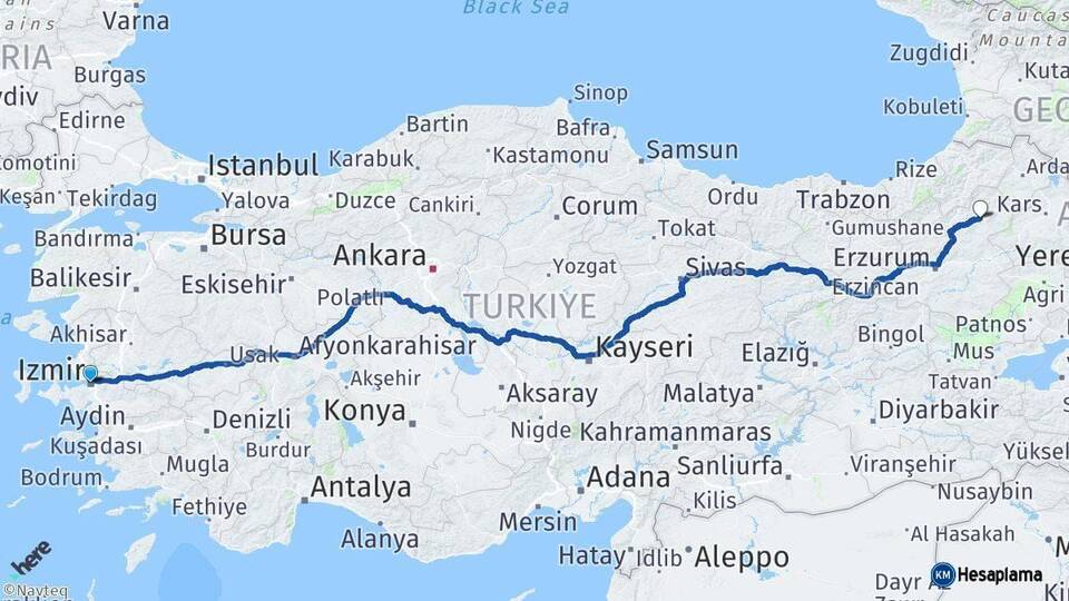 İzmir Oltu Erzurum Arası Kaç Km - Yol Haritası