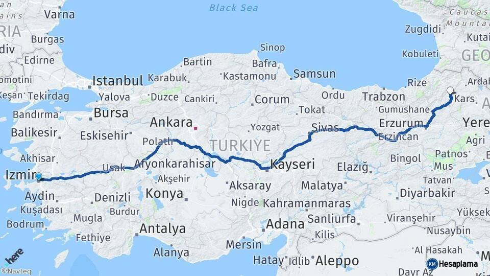 İzmir Olur Erzurum Arası Kaç Km - Yol Haritası