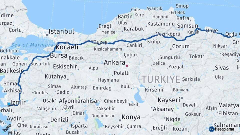 İzmir Ordu Arası Kaç Km - Yol Haritası