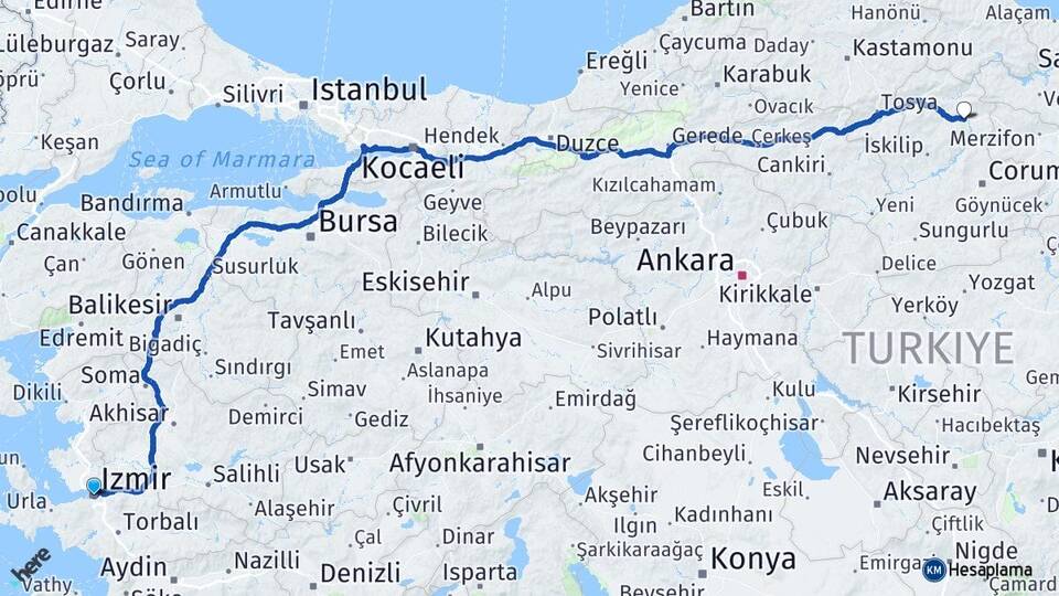 İzmir Osmancık Çorum Arası Kaç Km - Yol Haritası
