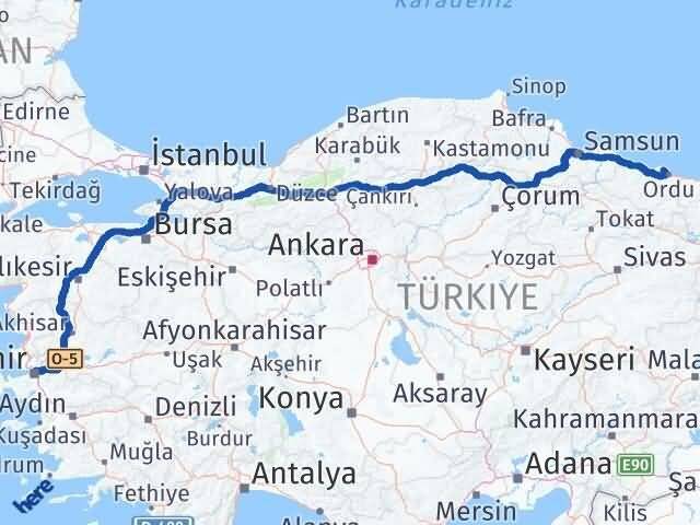 İzmir Perşembe Ordu Arası Kaç Km - Yol Haritası