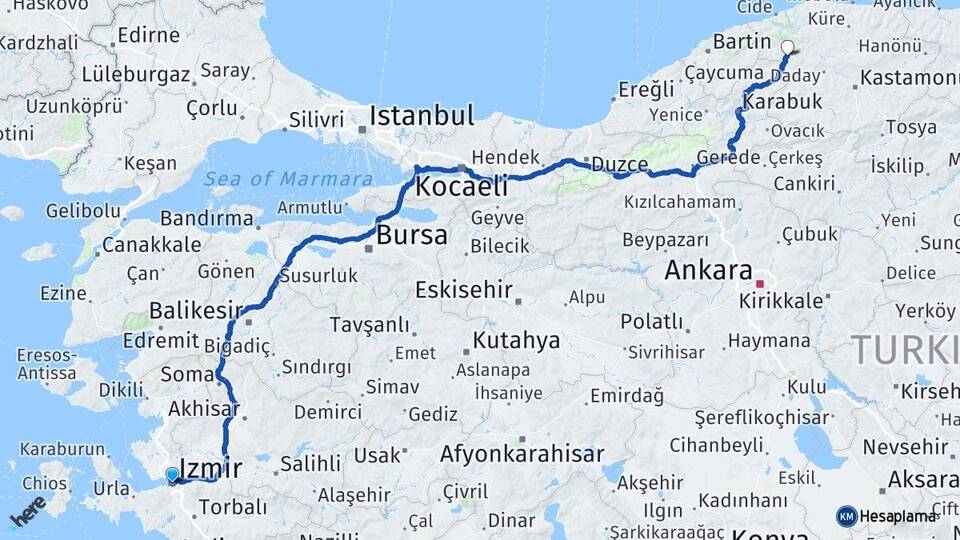 İzmir Pınarbaşı Kastamonu Arası Kaç Km - Yol Haritası