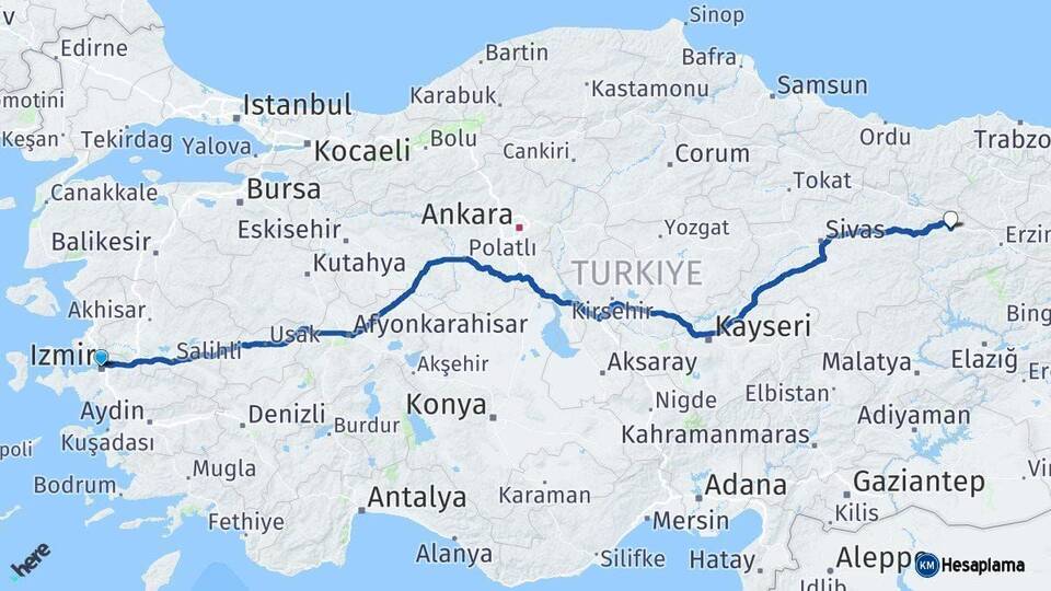 İzmir Refahiye Erzincan Arası Kaç Km - Yol Haritası