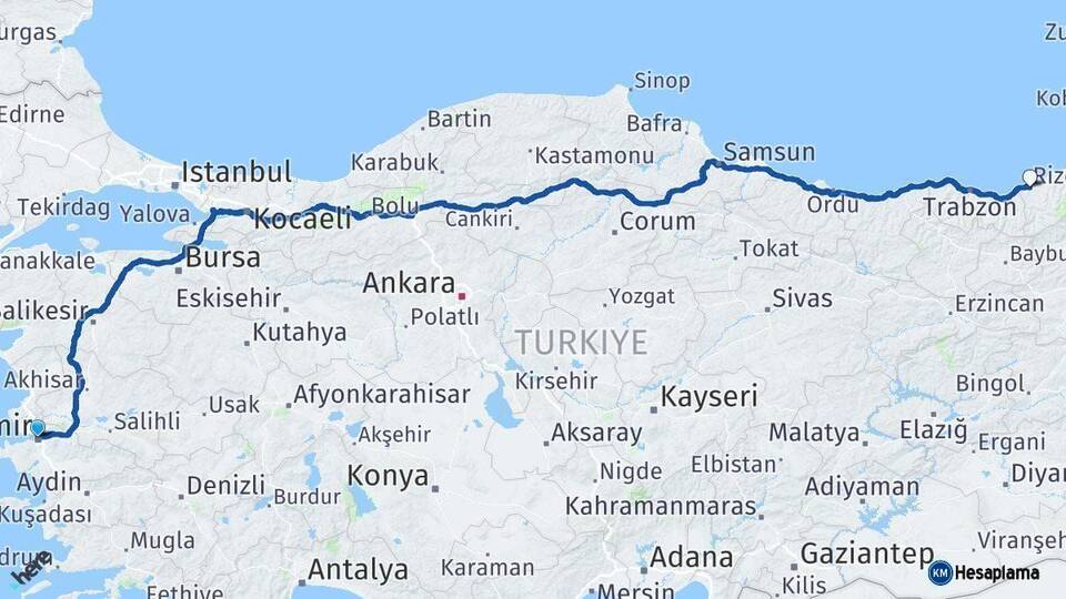 İzmir Rize Arası Kaç Km - Yol Haritası