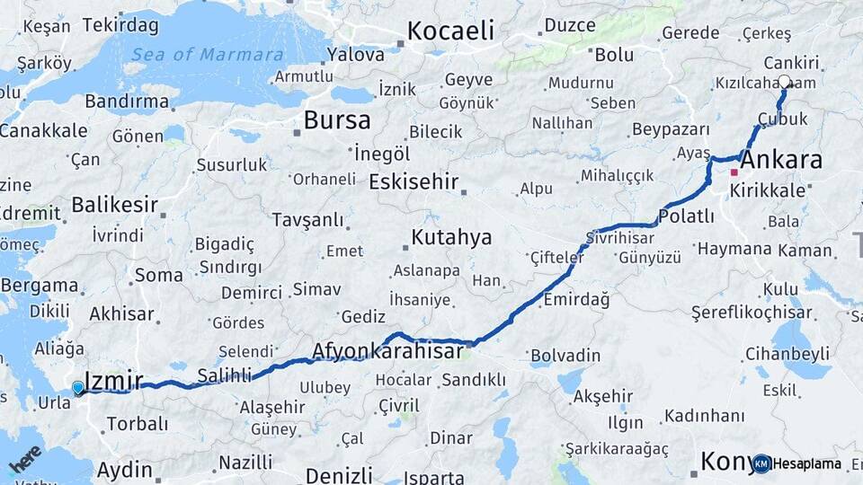 İzmir Şabanözü Çankırı Arası Kaç Km - Yol Haritası