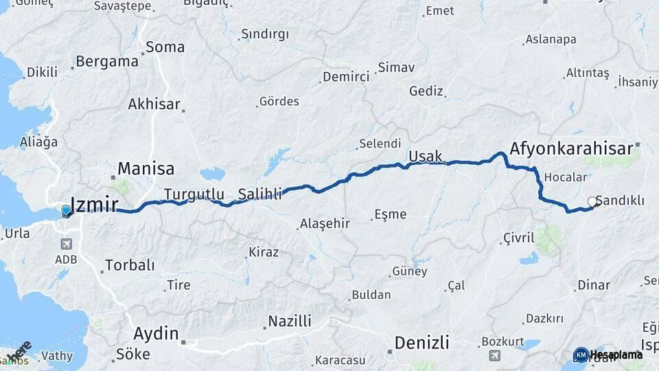 İzmir Sandıklı Afyonkarahisar Arası Kaç Km - Yol Haritası