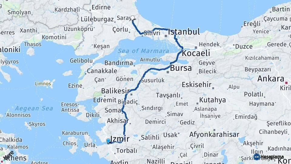 İzmir Saray Tekirdağ Arası Kaç Km - Yol Haritası