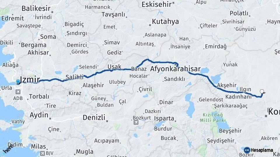 İzmir Sarayönü Konya Arası Kaç Km - Yol Haritası