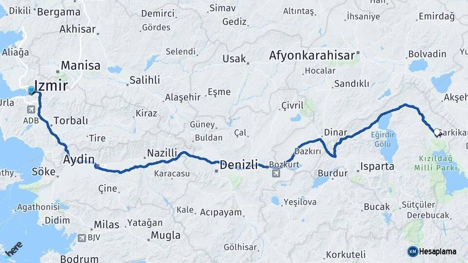 İzmir Şarkikaraağaç Isparta Arası Kaç Km - Yol Haritası
