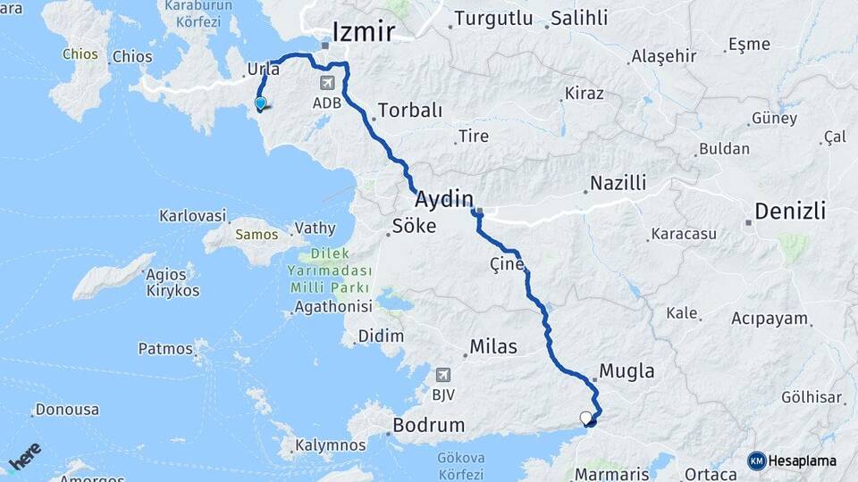 İzmir Seferihisar Akyaka Ula Muğla Arası Kaç Km - Yol Haritası