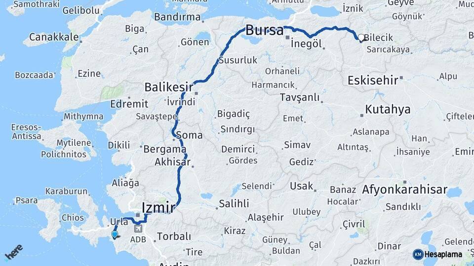 İzmir Seferihisar Bilecik Arası Kaç Km - Yol Haritası